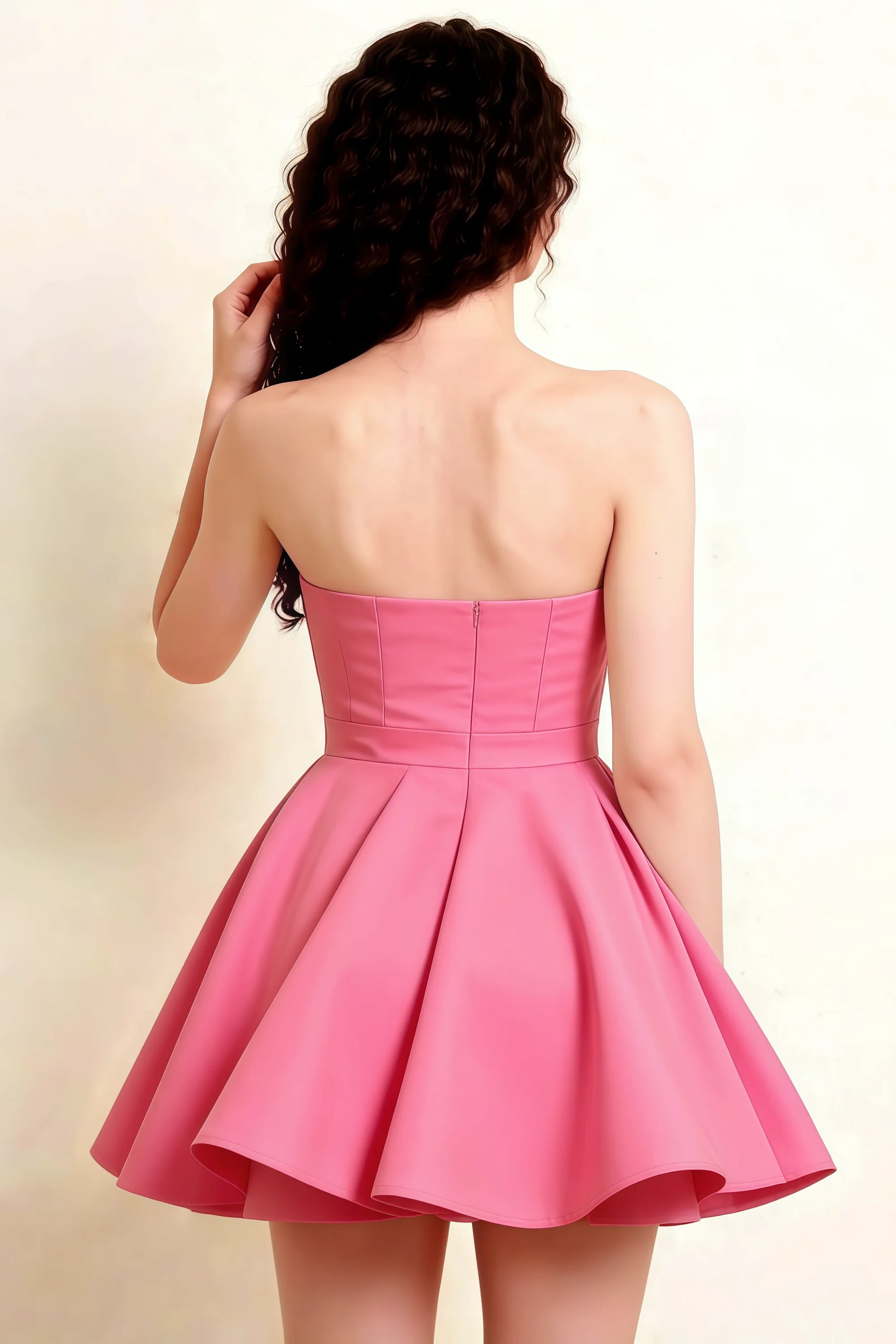 Detailed Back View of LVLVS Hot Pink Catherine Mini Dress Showcasing Structured Bodice and Flowy Skirt - Sophisticated Dress for Prom or Formal Dinners