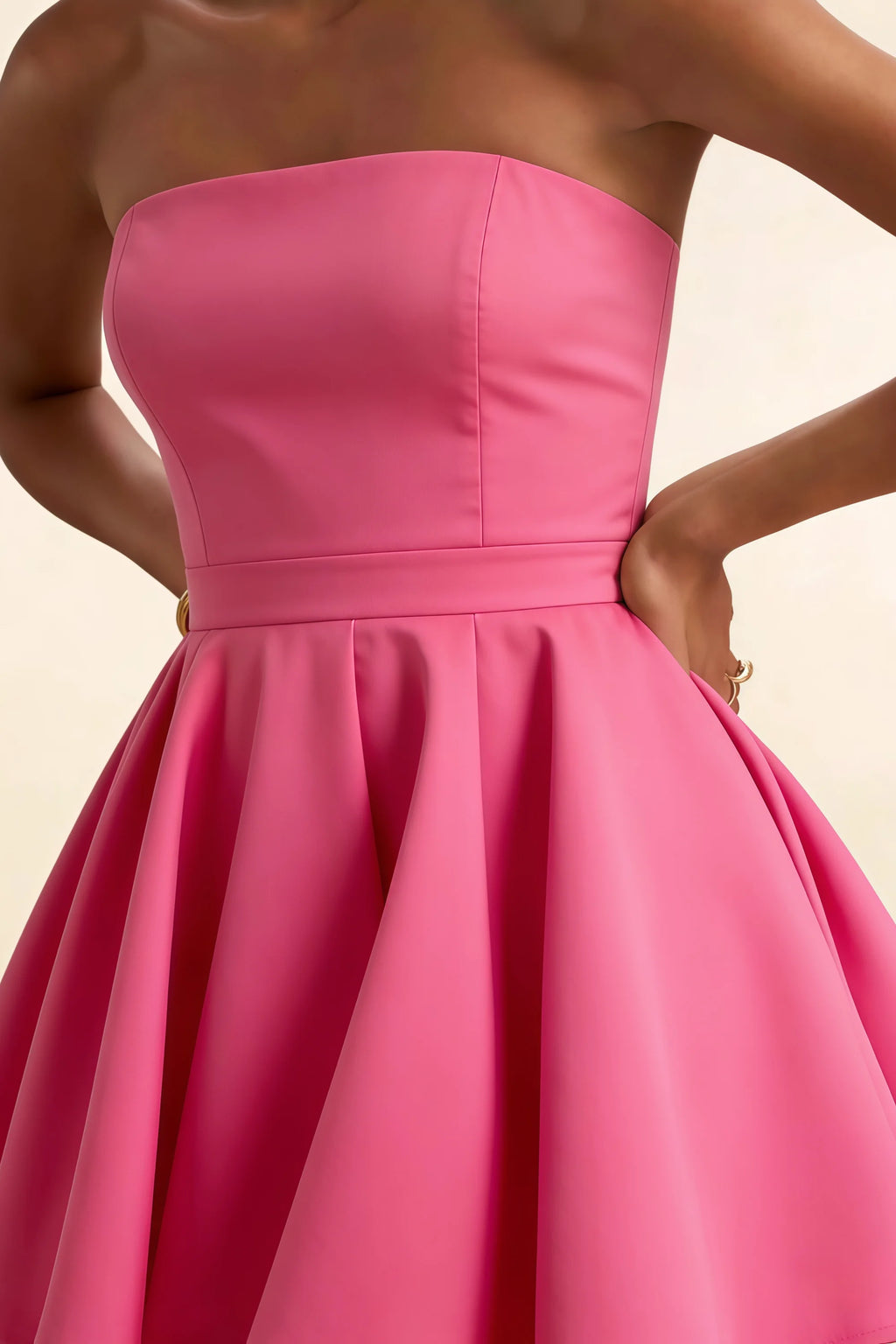 Macro Close Up of LVLVS Hot Pink Catherine Dress Fabric Stretch and Seams - Premium Bonded Crepe Material for Comfortable Semi-Formal Wedding Guest Attire