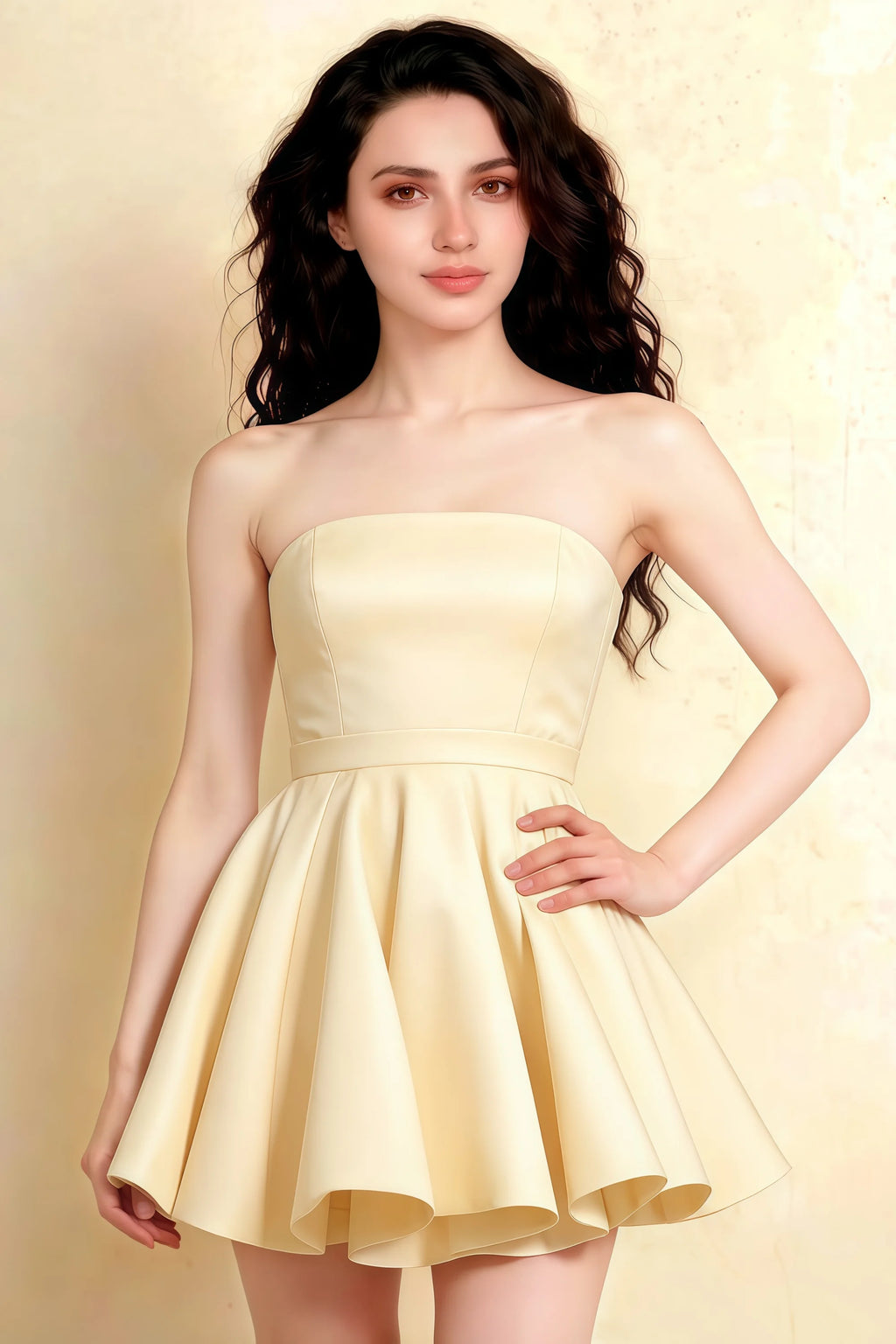 LVLVS Catherine Lemon Bandeau Ruffle Mini Dress - Classy Cocktail Party Dress with Tailored Bodice