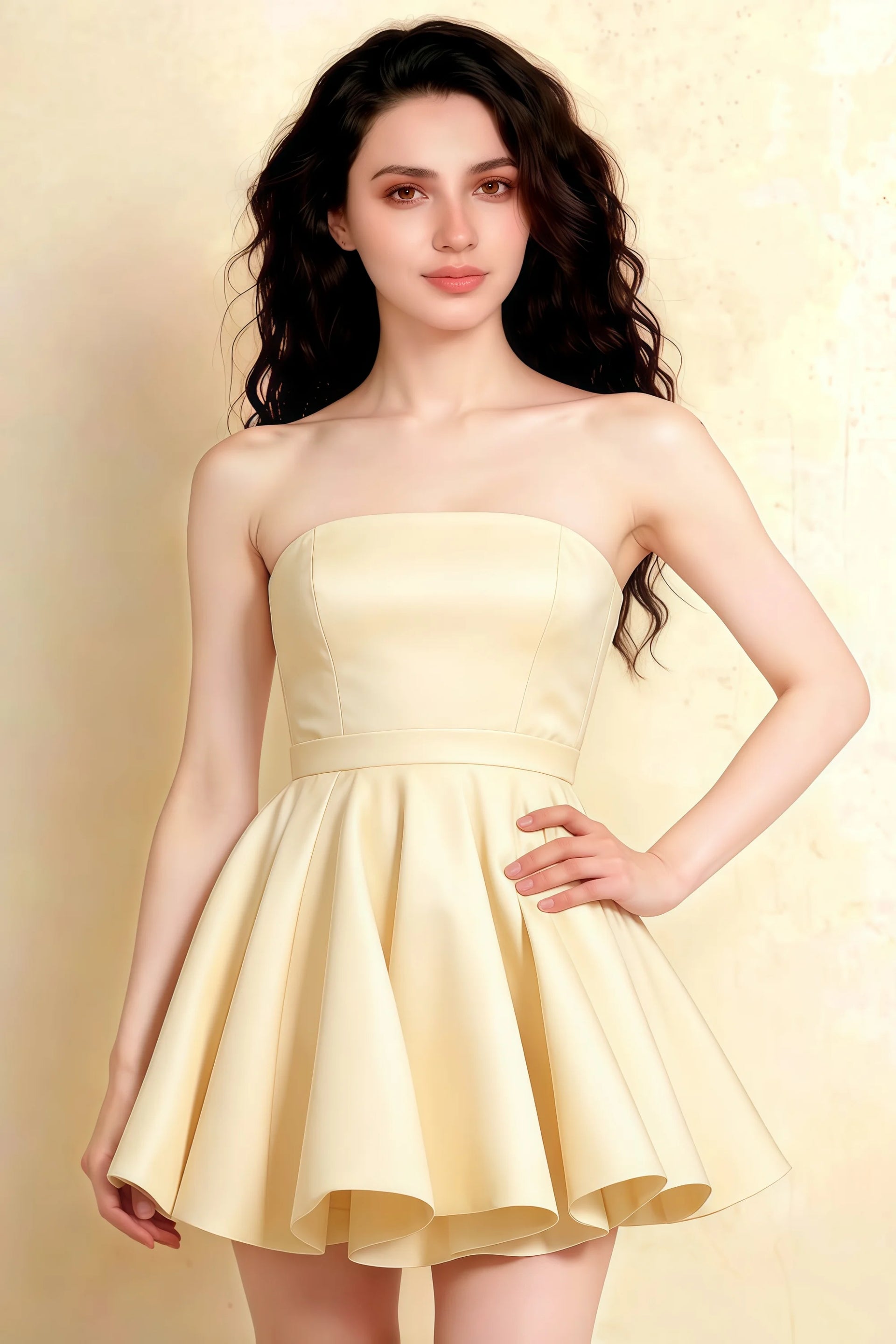 LVLVS Catherine Lemon Bandeau Ruffle Mini Dress - Classy Cocktail Party Dress with Tailored Bodice