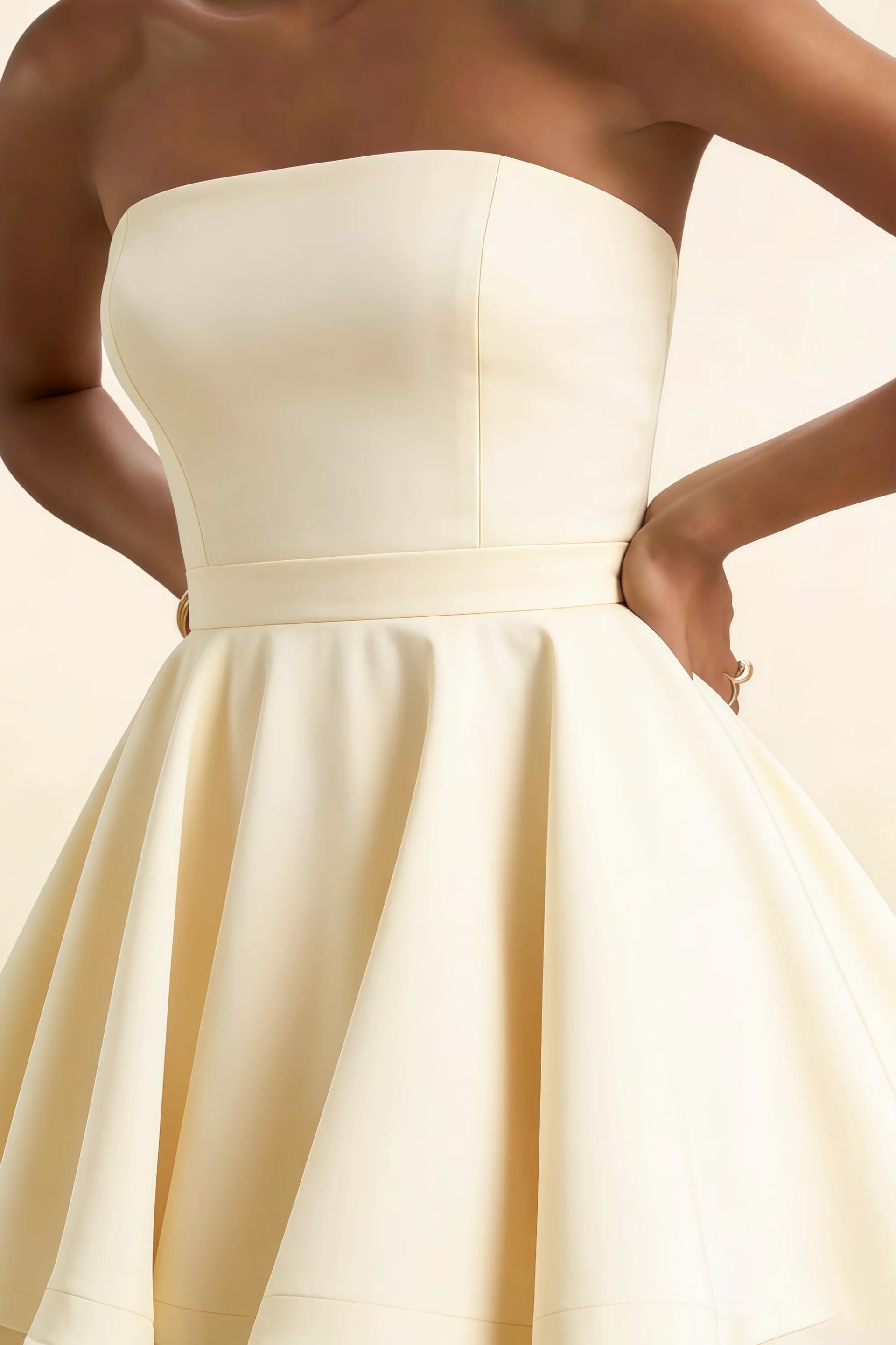 Close Up of LVLVS Catherine Lemon Bonded Crepe Dress - Smooth Bodice & Waistband Detail for Bridesmaid or Office Work