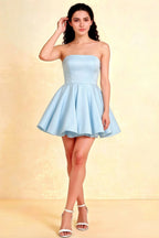 Light Blue Catherine Bandeau Ruffle Mini Dress for Prom and Formal Events, Front View of Women's Strapless Flared Skirt Design, Elegant Bonded Crepe Fabric