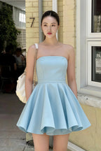Real Customer Wearing Light Blue Catherine Bandeau Ruffle Mini Dress for Street Style and Daily Casual, Chic Outdoor Look with Crossbody Bag