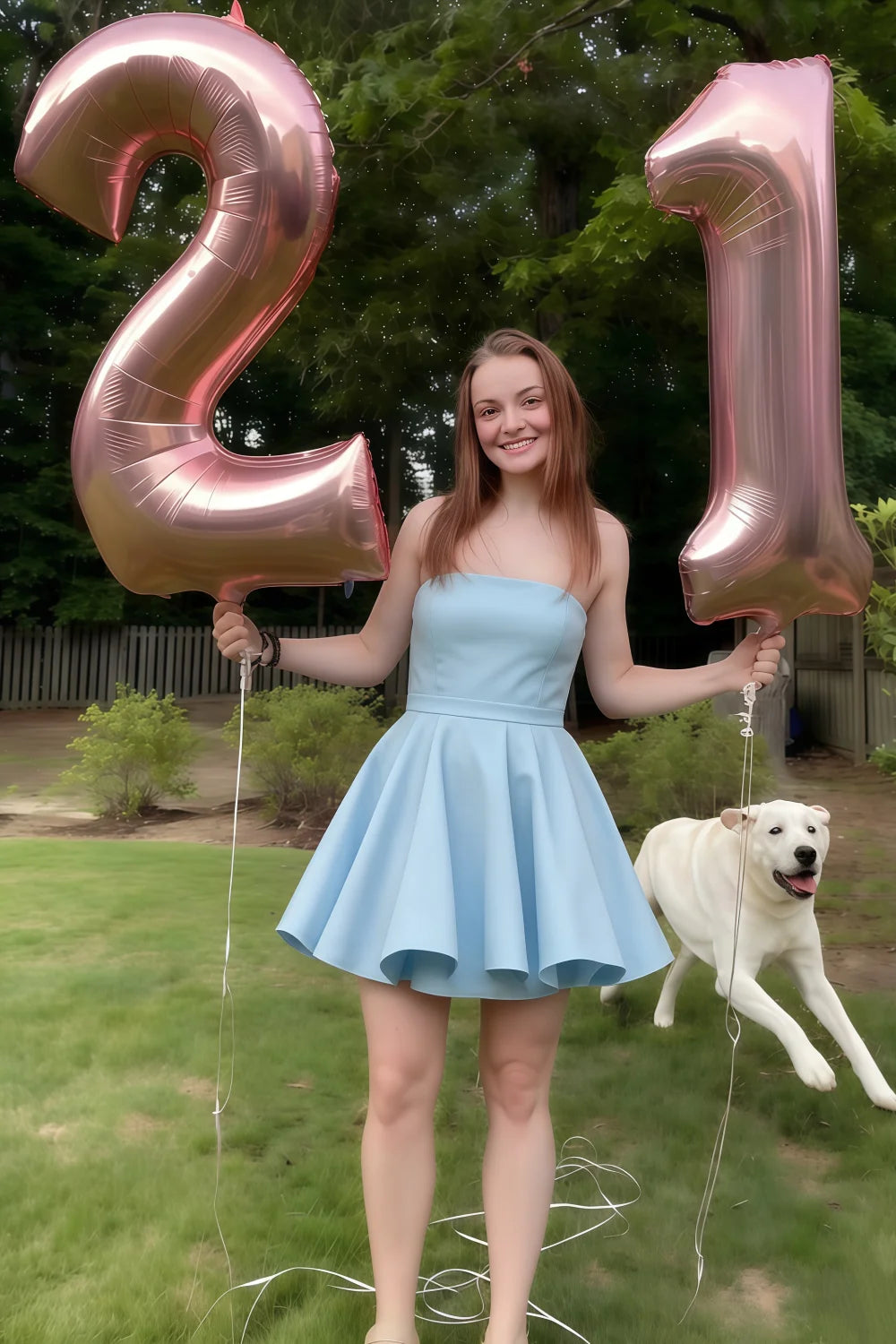 Customer in Light Blue Catherine Bandeau Ruffle Mini Dress Celebrating 21st Birthday with Balloons and Dog, Perfect for Birthday Party and Graduation Events