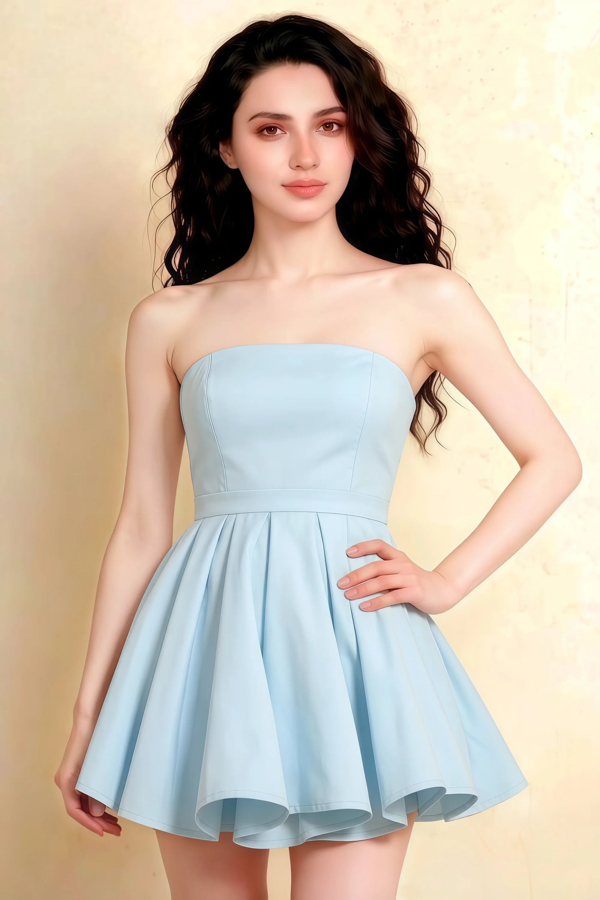 Front Close-Up of Light Blue Catherine Bandeau Ruffle Mini Dress, Women's Strapless Cocktail Dress with Flared Skirt for Semi-Formal and Club Nights