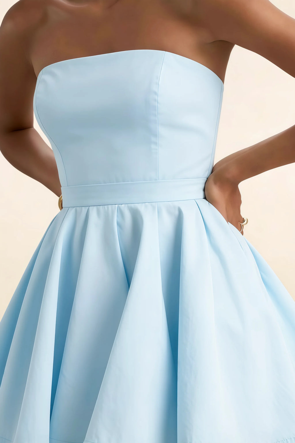 Close-Up of Light Blue Catherine Bandeau Ruffle Mini Dress Bodice, Detailed View of Strapless Neckline and Structured Waist for Classy Office and Work Settings