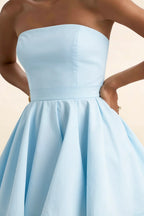 Close-Up of Light Blue Catherine Bandeau Ruffle Mini Dress Bodice, Detailed View of Strapless Neckline and Structured Waist for Classy Office and Work Settings