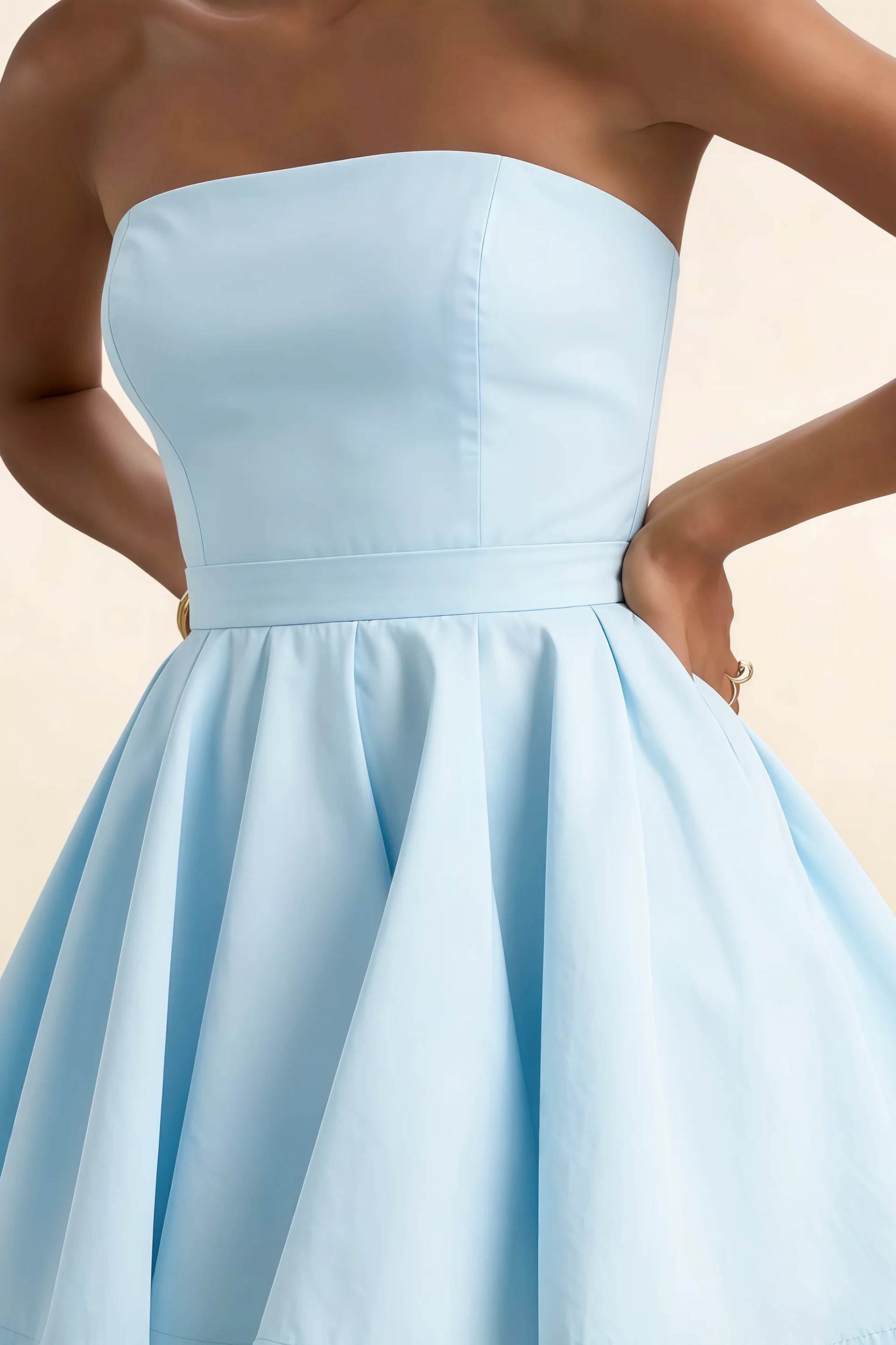 Close-Up of Light Blue Catherine Bandeau Ruffle Mini Dress Bodice, Detailed View of Strapless Neckline and Structured Waist for Classy Office and Work Settings