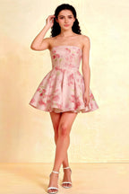 LVLVS Catherine light pink floral print bandeau ruffle mini dress perfect for spring garden parties and casual brunches