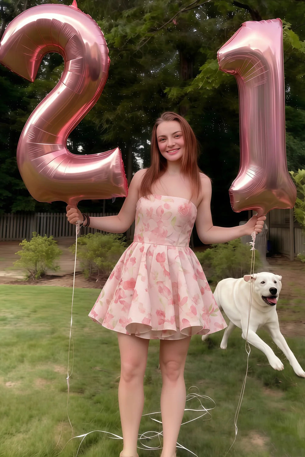 Customer styling the LVLVS Catherine dress for a 21st birthday party with festive balloon decorations and a puppy