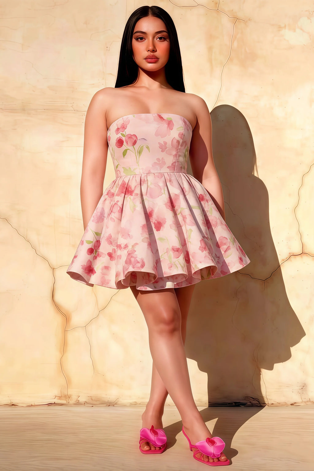 Plus size model wearing the LVLVS Catherine light pink floral print dress for inclusive size club nights and going out looks