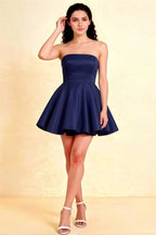 LVLVS Navy Blue Catherine Bandeau Ruffle Mini Dress for Cocktail Parties and Homecoming Events