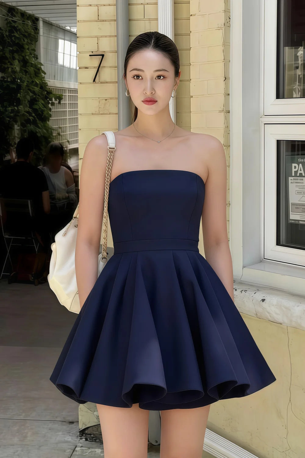 Real Customer Wearing LVLVS Catherine Navy Mini Dress for Casual City Street Style and Brunch