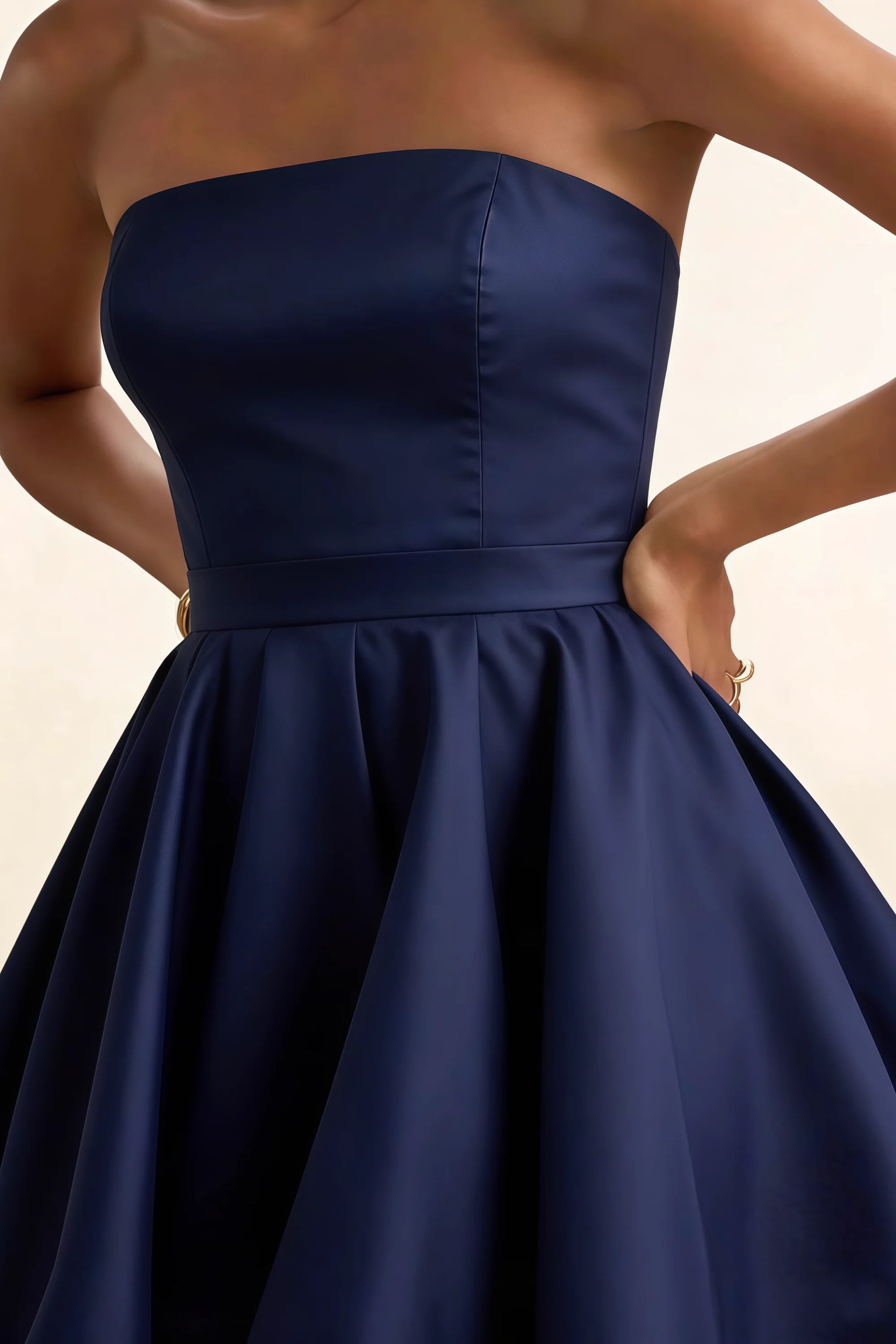 Close Up of LVLVS Catherine Navy Bonded Crepe Fabric and Structured Bodice Details for Classy Day Events
