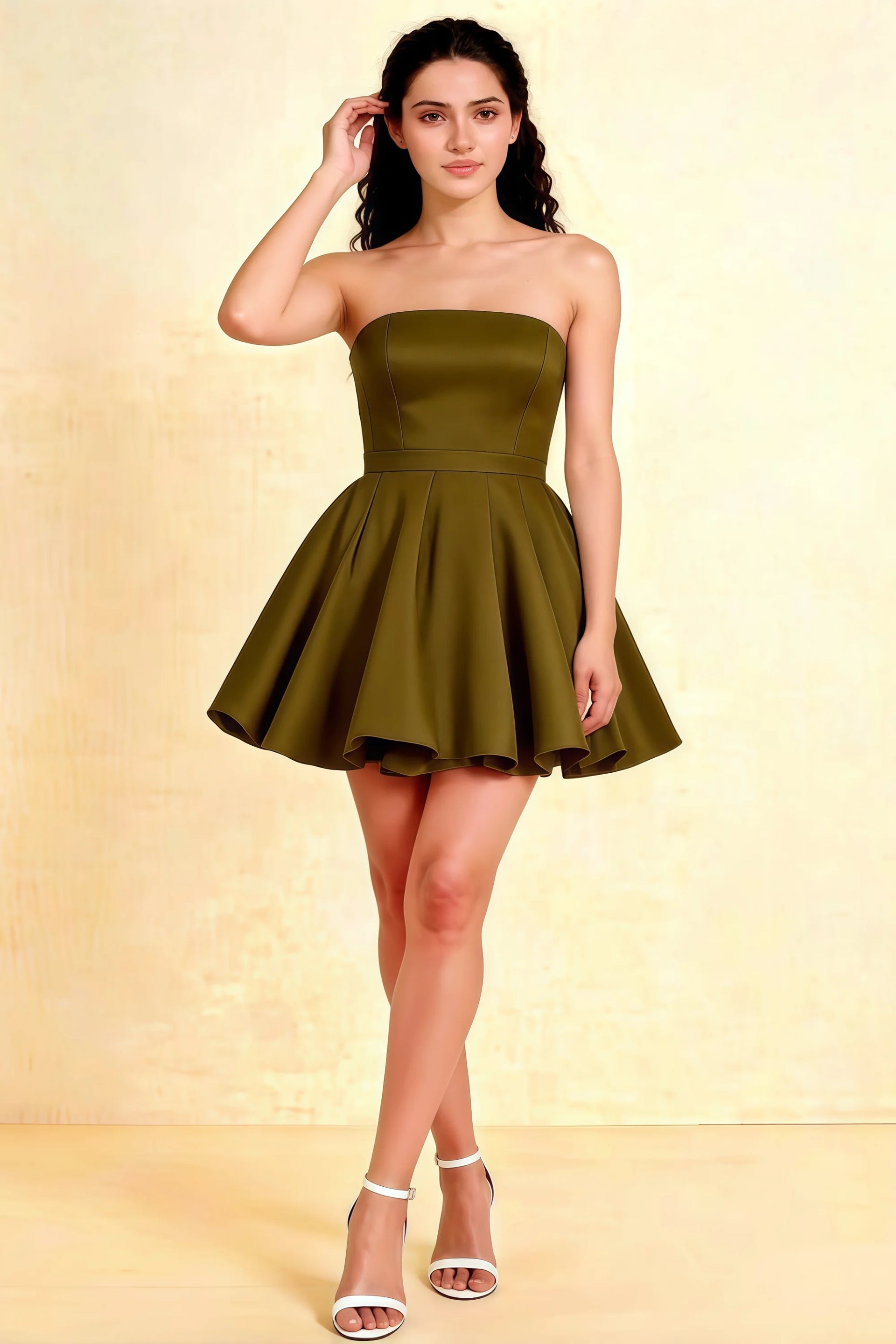LVLVS Olive Green Catherine Bandeau Ruffle Mini Dress for Bridesmaid and Cocktail Parties