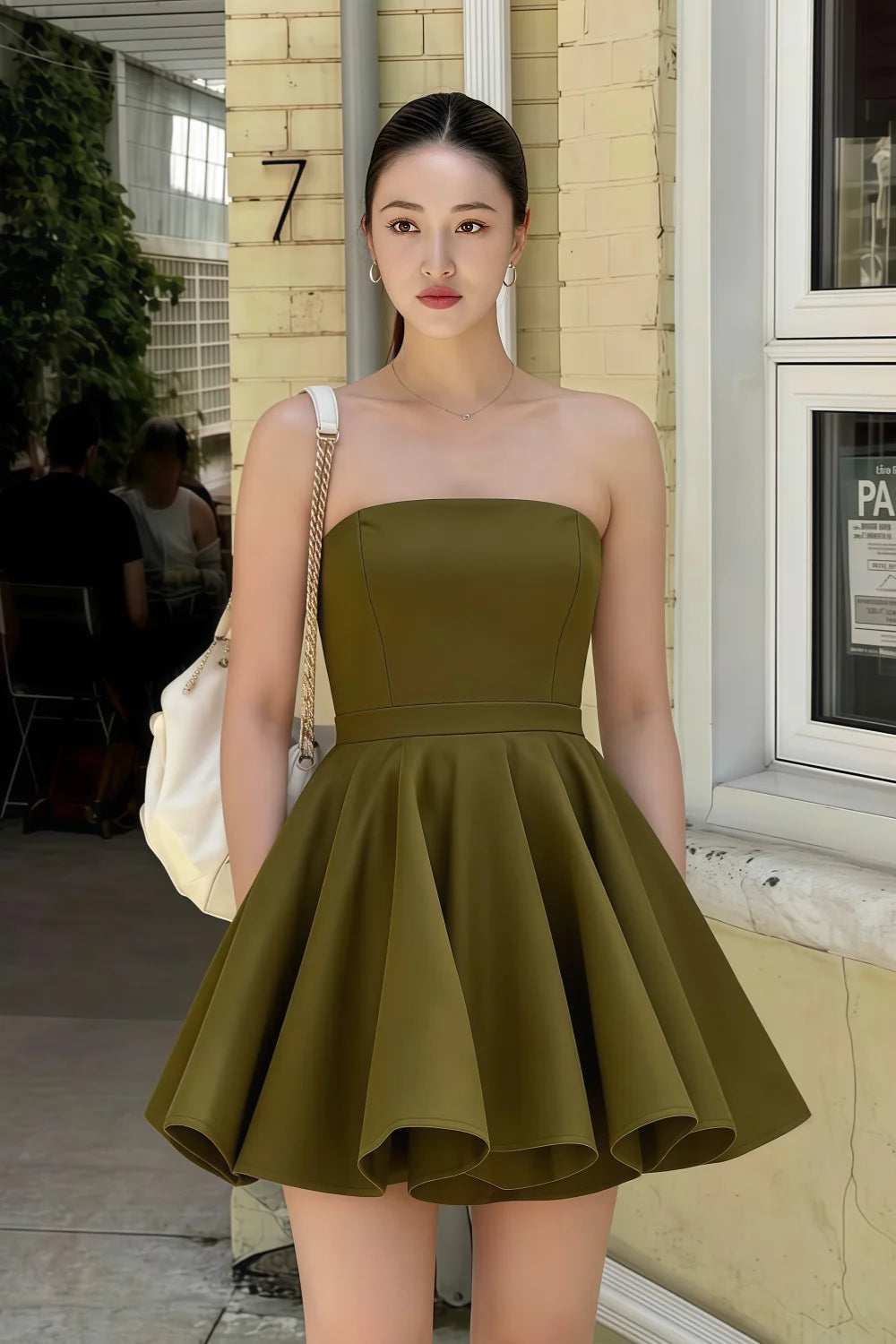 Real Customer Wearing LVLVS Olive Catherine Dress for Street Style and Casual Day Out