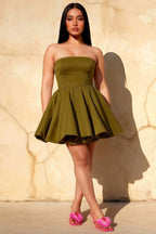 Elegant Plus Size Model Wearing LVLVS Olive Catherine Ruffle Dress for Homecoming and Date Nights