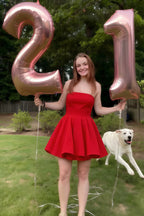 Happy Birthday Wearing LVLVS Red Catherine Ruffle Mini Dress - Perfect 21st Party Dress for Graduation Celebrations