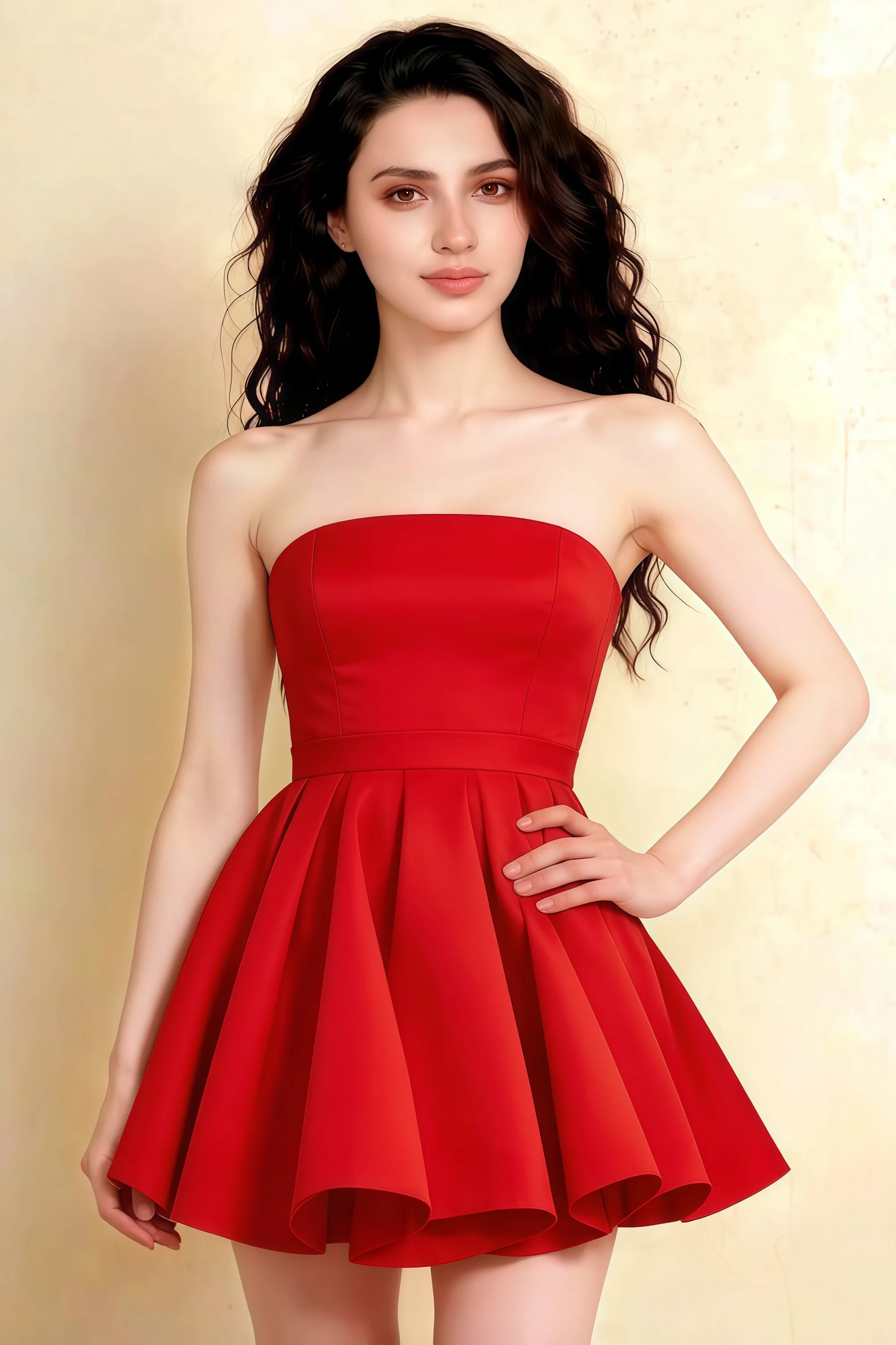 Model Front Pose in LVLVS Red Catherine Bandeau Dress - Chic Semi-Formal and Bridesmaid Mini Dress in Bonded Crepe