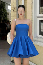 Customer Photo: LVLVS Catherine Royal Blue Bandeau Ruffle Mini Dress - Casual Going Out & Brunch Outfit, Chic Strapless Puff Skirt Dress for Daily Wear, Office & Work Friendly (Styled with Bag)