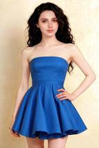 Close-Up Front of LVLVS Catherine Royal Blue Bandeau Ruffle Mini Dress - Classy Strapless Neckline & High Waist Puff Skirt, Ideal for Cocktail Parties, Formal Dinners, or Wedding Guest Dresses
