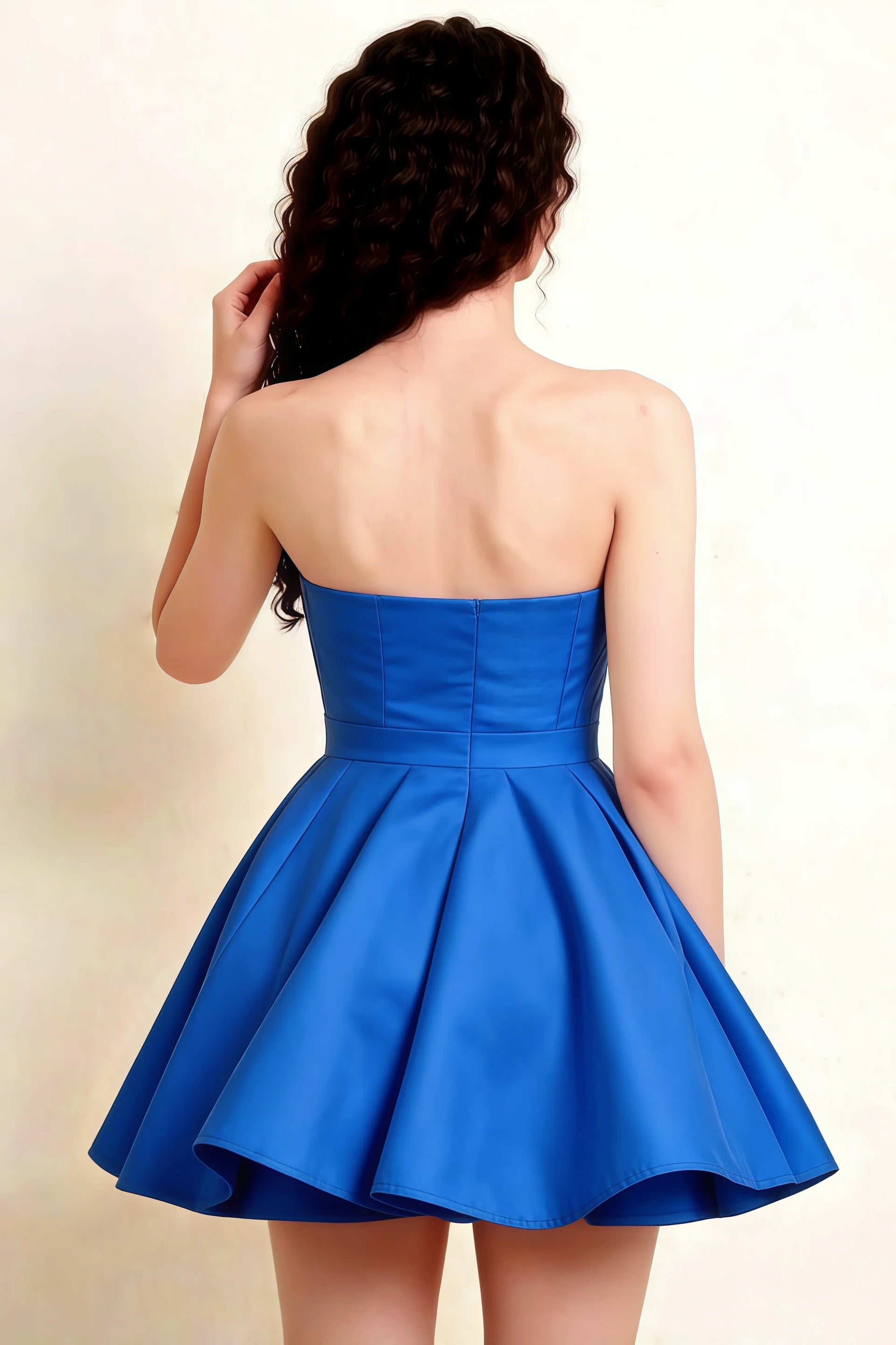 Close-Up Back of LVLVS Catherine Royal Blue Bandeau Ruffle Mini Dress - Smooth Strapless Back with Tailored Fit, Perfect for Prom, Semi-Formal Events, or Dance Competitions