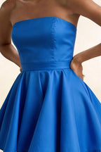 Detail Shot of LVLVS Catherine Royal Blue Bandeau Ruffle Mini Dress - Premium Bonded Crepe Fabric, Structured Puff Skirt & Strapless Bodice, Luxury Look for Formal Events, Weddings, or Galas