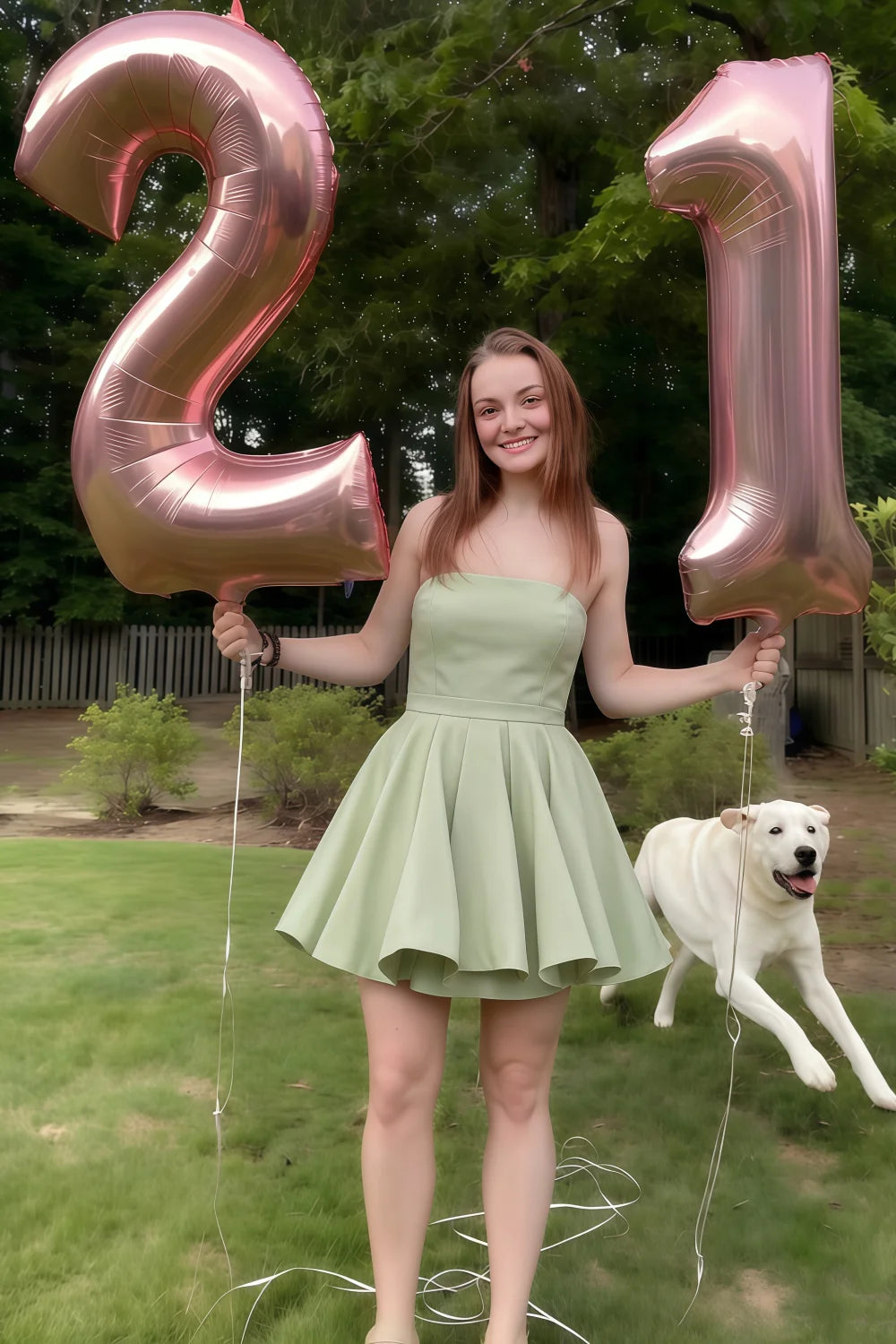 Customer styling the LVLVS Sage Green Catherine dress for a 21st birthday party, holding rose gold balloons in a garden setting, demonstrating the dress's charm as a trendy homecoming or birthday outfit.