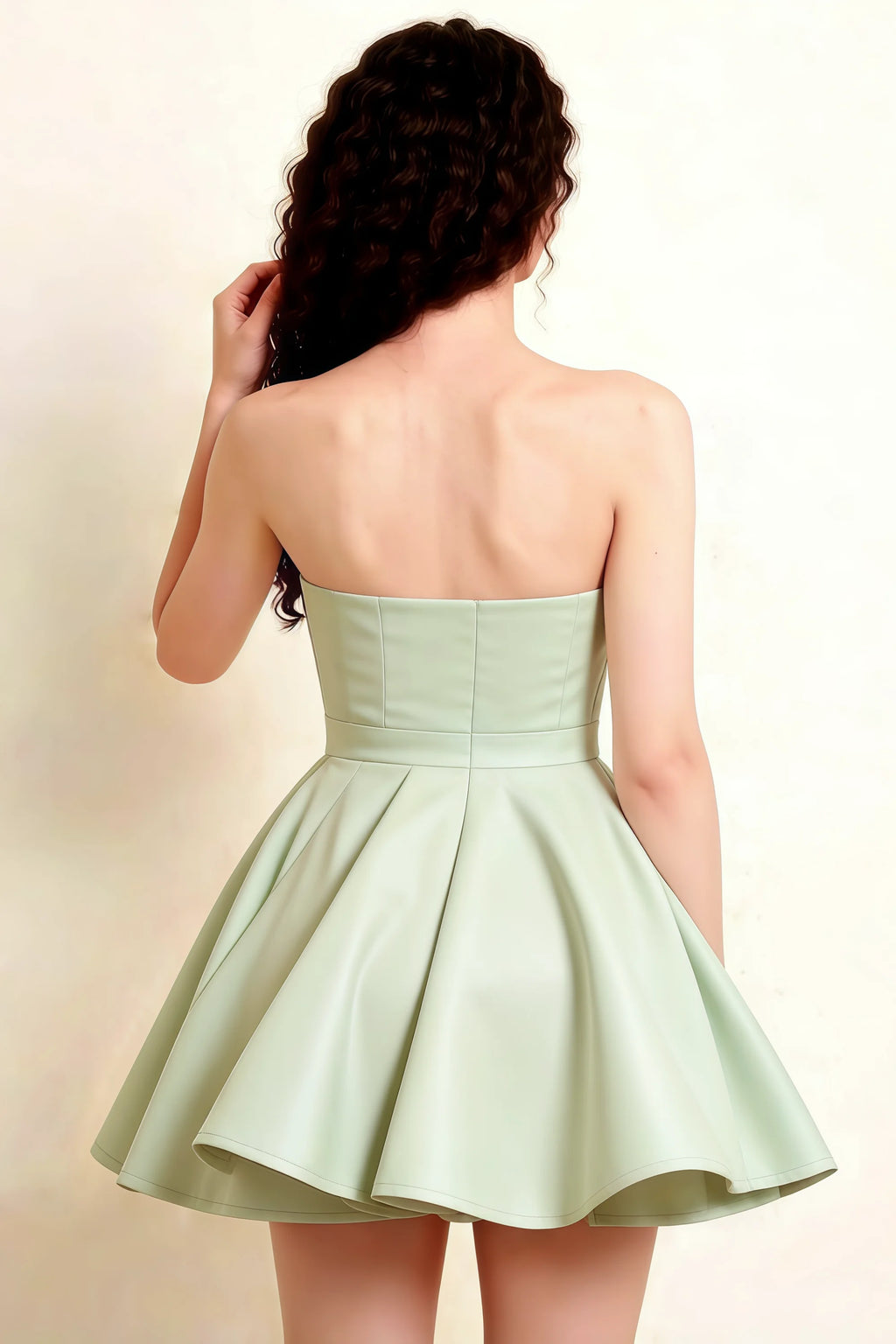 Full back view of the LVLVS Sage Green Catherine bandeau dress displaying the gathered waist seam and flowy skirt movement, a stylish choice for sorority rush or club parties.