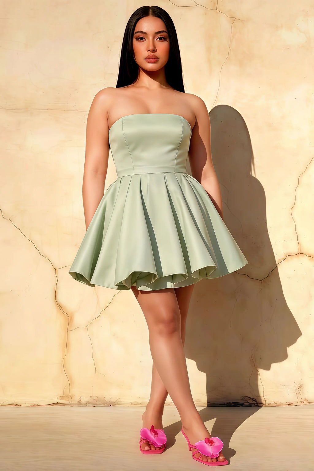 Plus size model wearing LVLVS Sage Green Catherine dress against a textured wall, demonstrating the inclusive fit and flattering A-line cut, perfect for plus size prom or formal dance events.