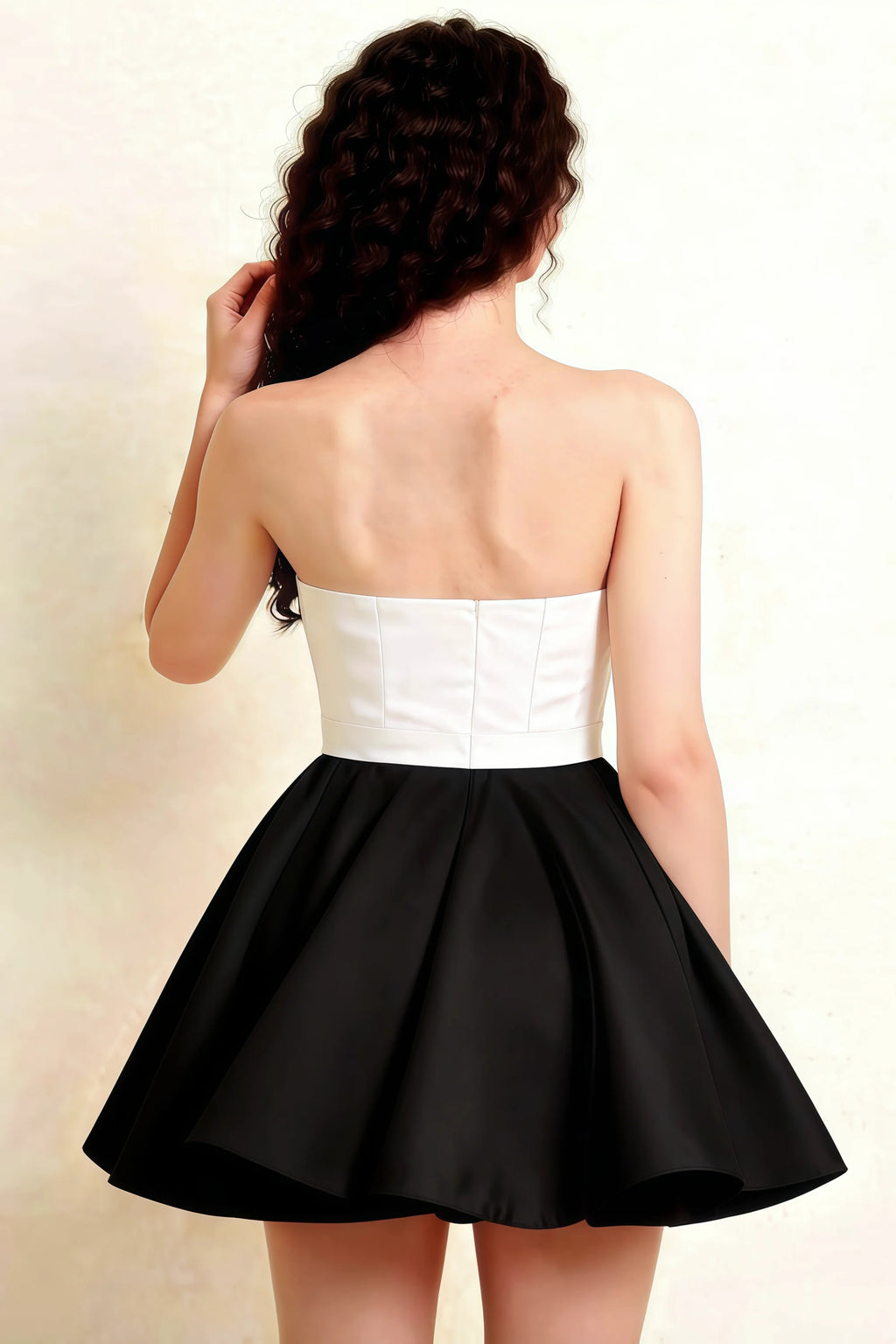 Close-up back view detail of LVLVS Catherine white and black bonded crepe dress showcasing the structured bodice and zipper design for semi-formal events.