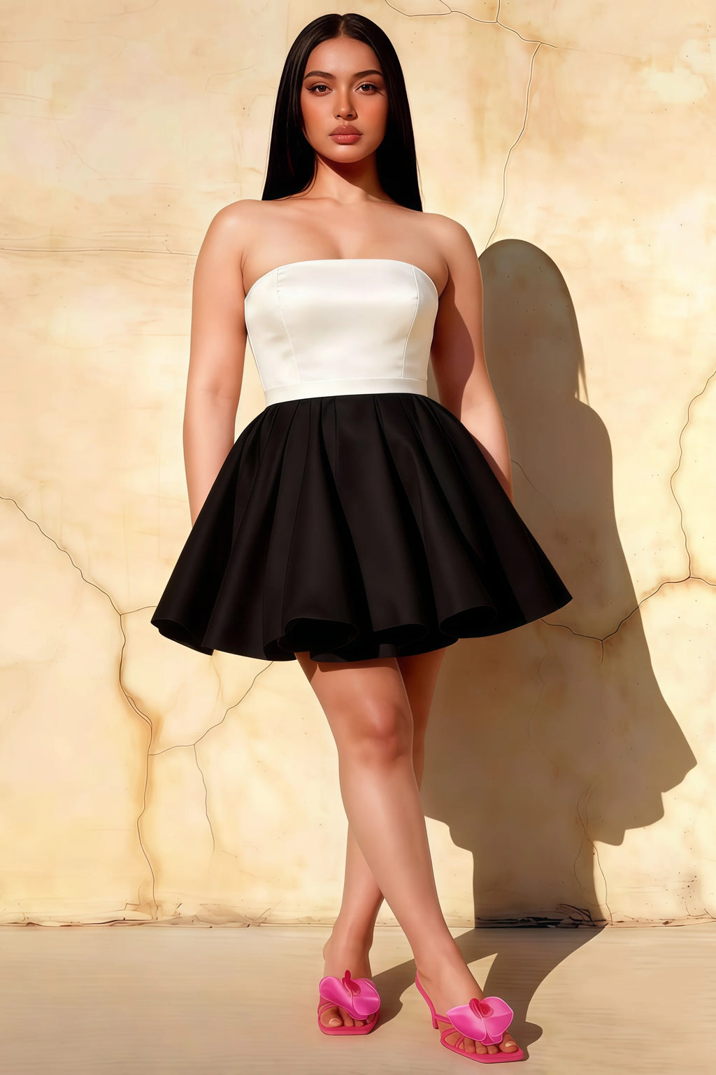 Plus size model wearing LVLVS Catherine white and black bandeau ruffle mini dress in an outdoor urban setting, stylish choice for club nights and going out.