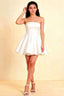 White strapless bonded crepe cocktail dress perfect for bridesmaid duties and semi-formal parties.