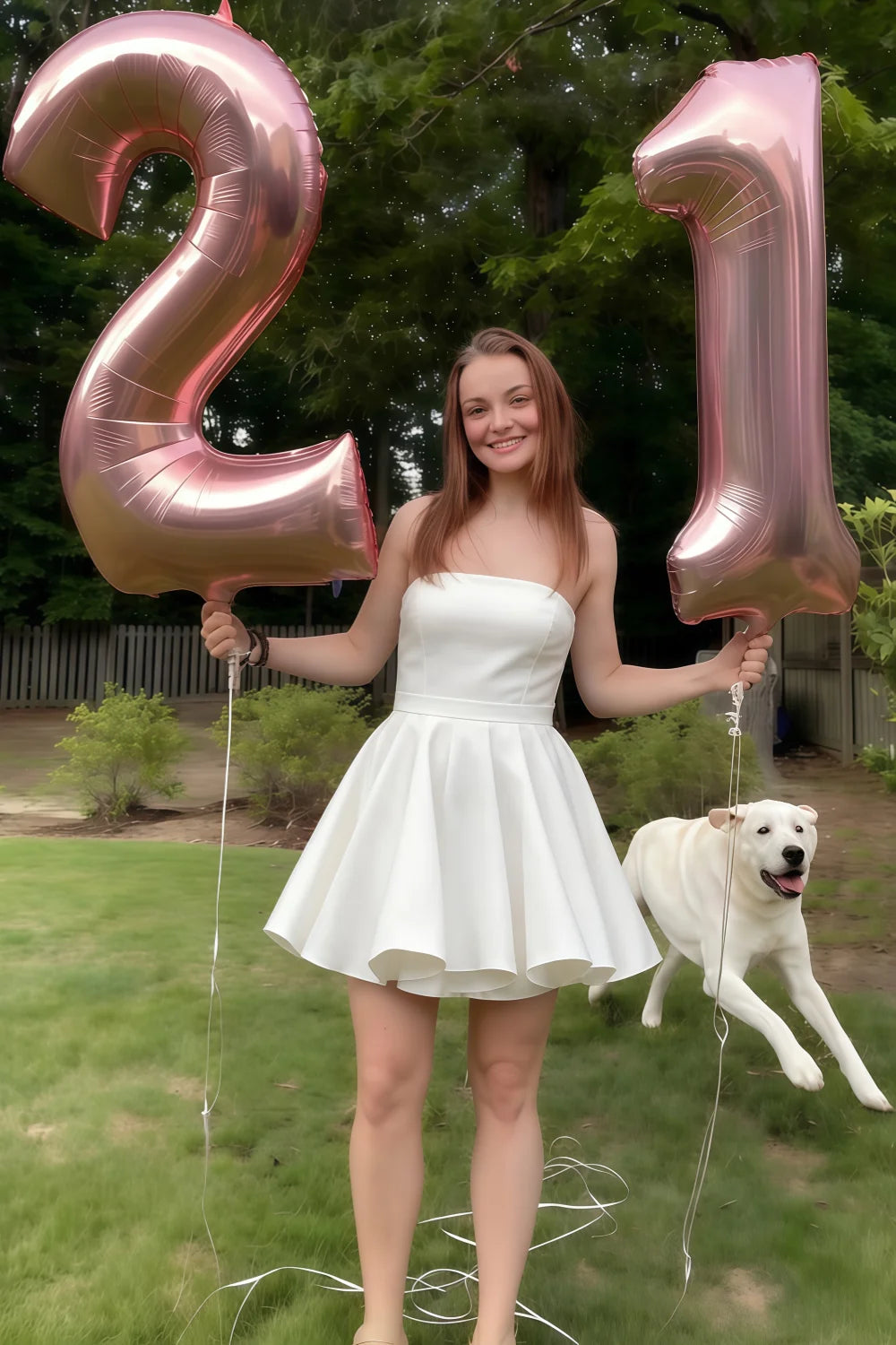 Customer styling white Catherine dress for 21st birthday party with balloons and puppy outdoors.