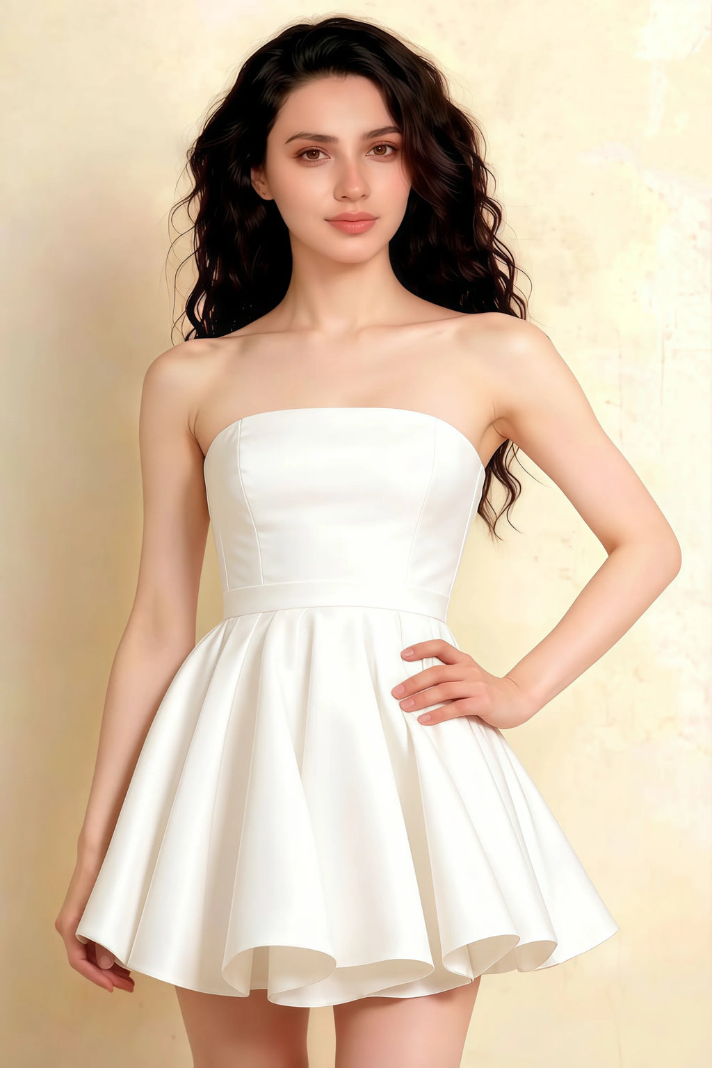 Studio shot of white strapless cocktail dress featuring a flattering sweetheart neckline for prom.