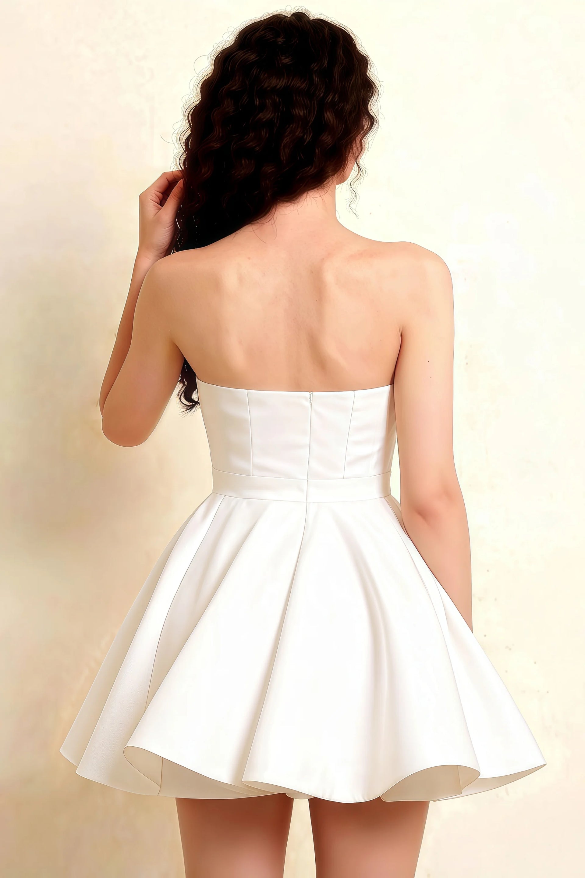 Flattering fit of white bonded crepe bandeau dress from the back highlighting structured bodice details.