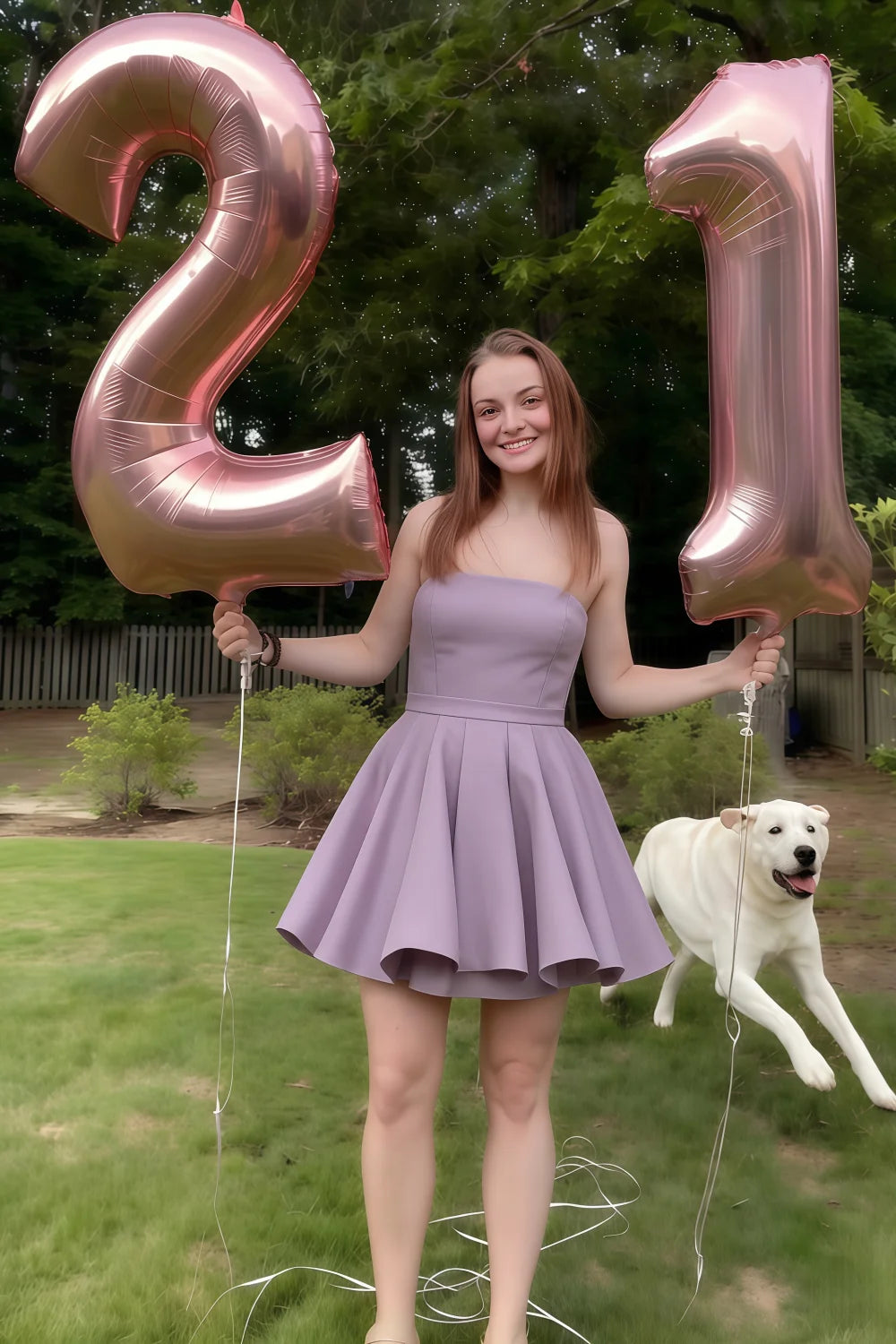 Customer in LVLVS Catherine Wisteria Bandeau Ruffle Mini Dress celebrating 21st birthday, holding balloons, ideal for birthday parties and homecoming