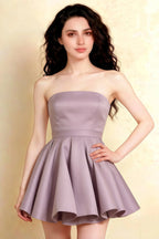 Close up of LVLVS Catherine Wisteria Bandeau Ruffle Mini Dress bodice, bonded crepe texture, elegant for semi-formal events and sorority rush