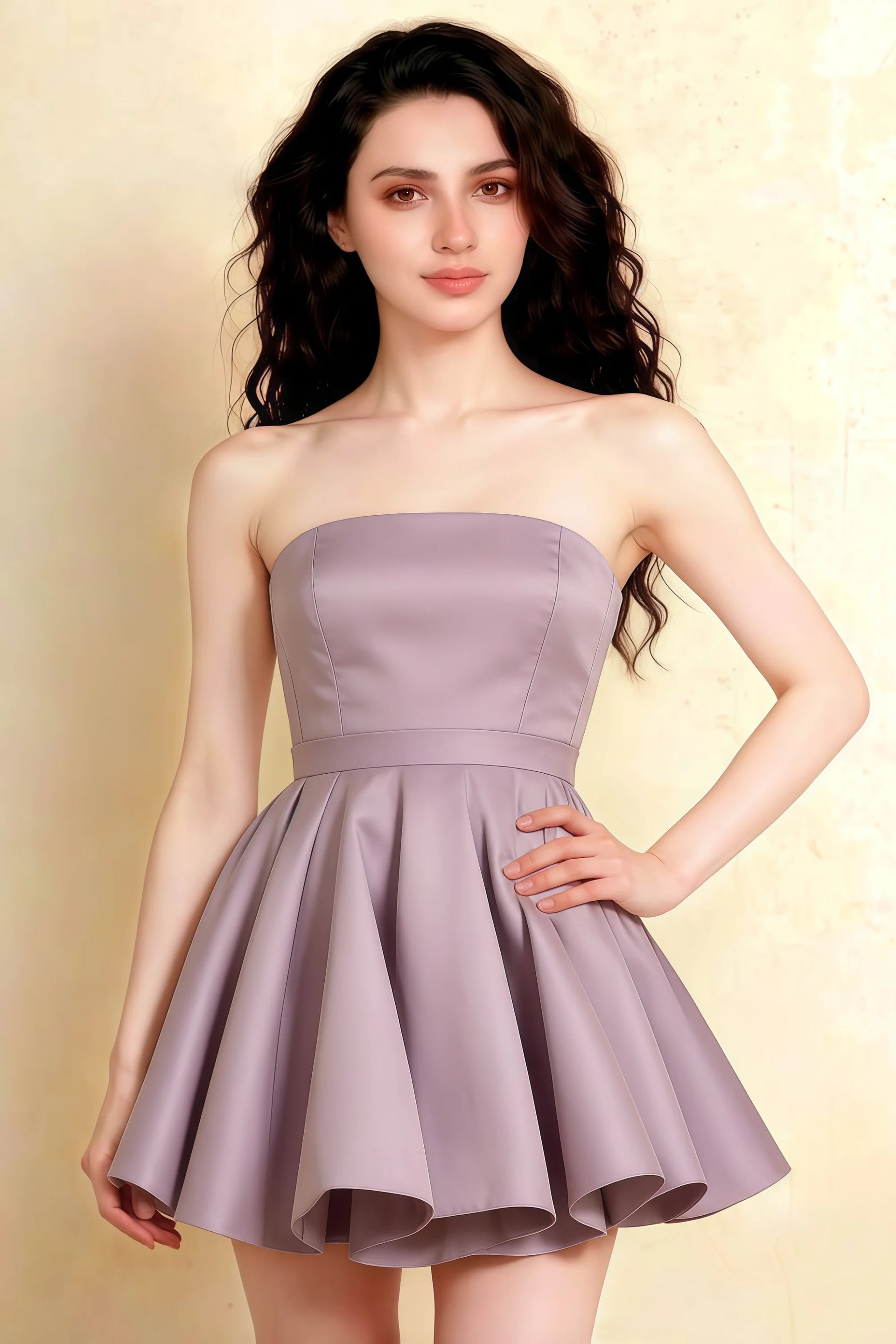 Close up of LVLVS Catherine Wisteria Bandeau Ruffle Mini Dress bodice, bonded crepe texture, elegant for semi-formal events and sorority rush