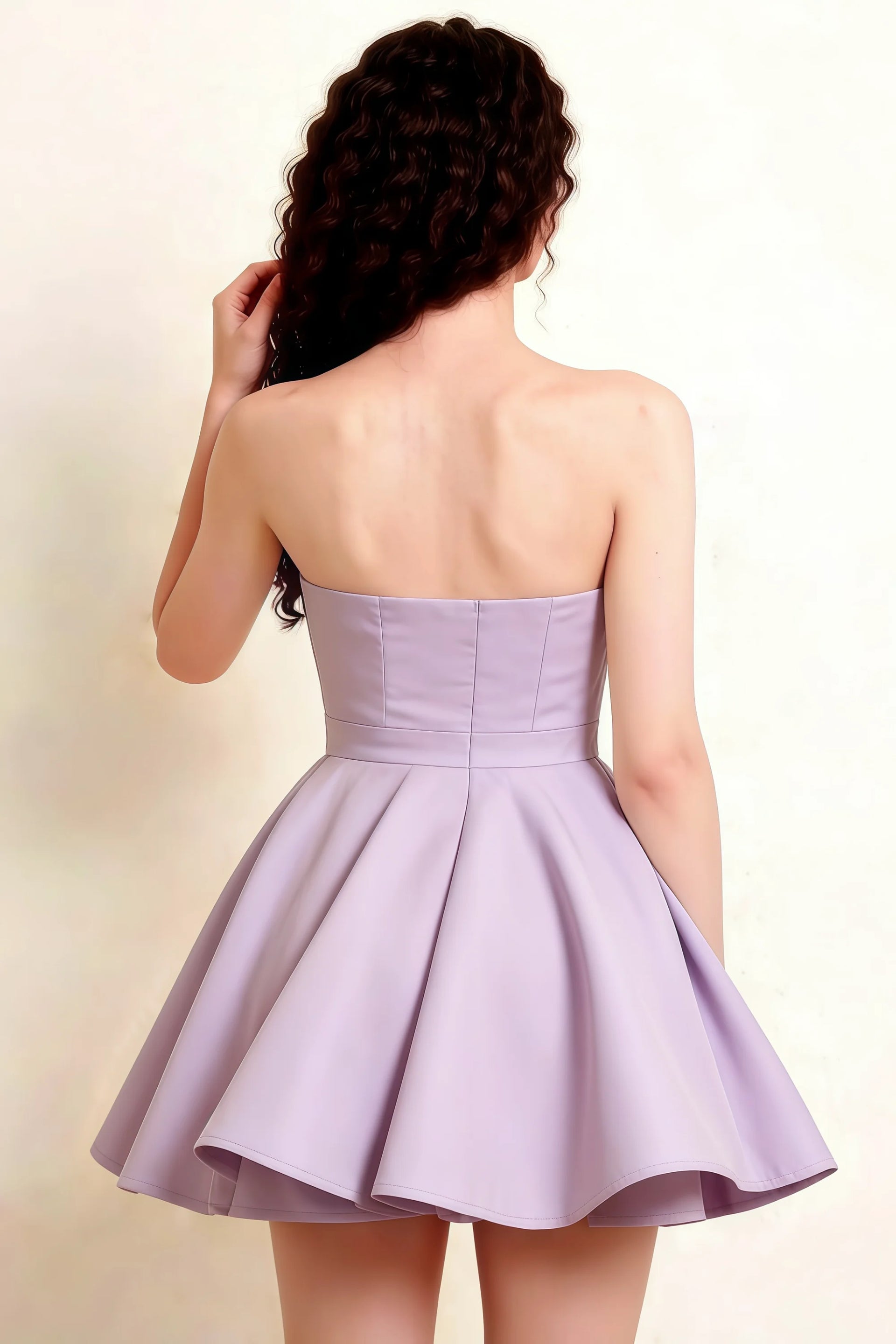 Full length back view of LVLVS Catherine Wisteria Bandeau Ruffle Mini Dress, figure-flattering silhouette, great for graduation and office work events