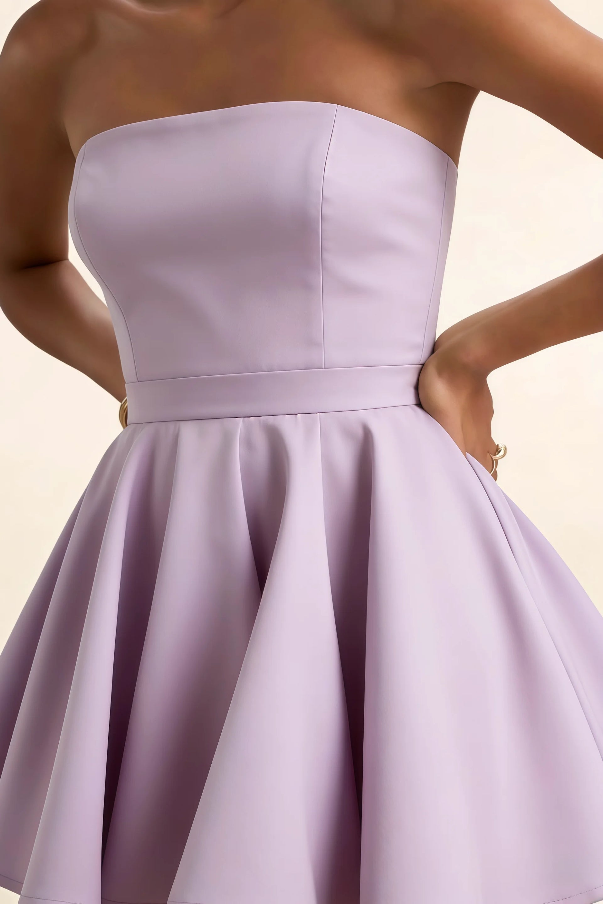 Detail shot of LVLVS Catherine Wisteria Bandeau Ruffle Mini Dress waist and bodice, bonded crepe construction, classy for wedding guest and formal occasions
