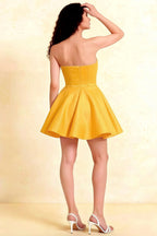 Back view of LVLVS yellow bandeau ruffle dress in bonded crepe for graduation and semi-formal events