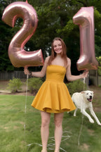 Customer photo of yellow bonded crepe Catherine ruffle dress worn for 21st birthday party celebration