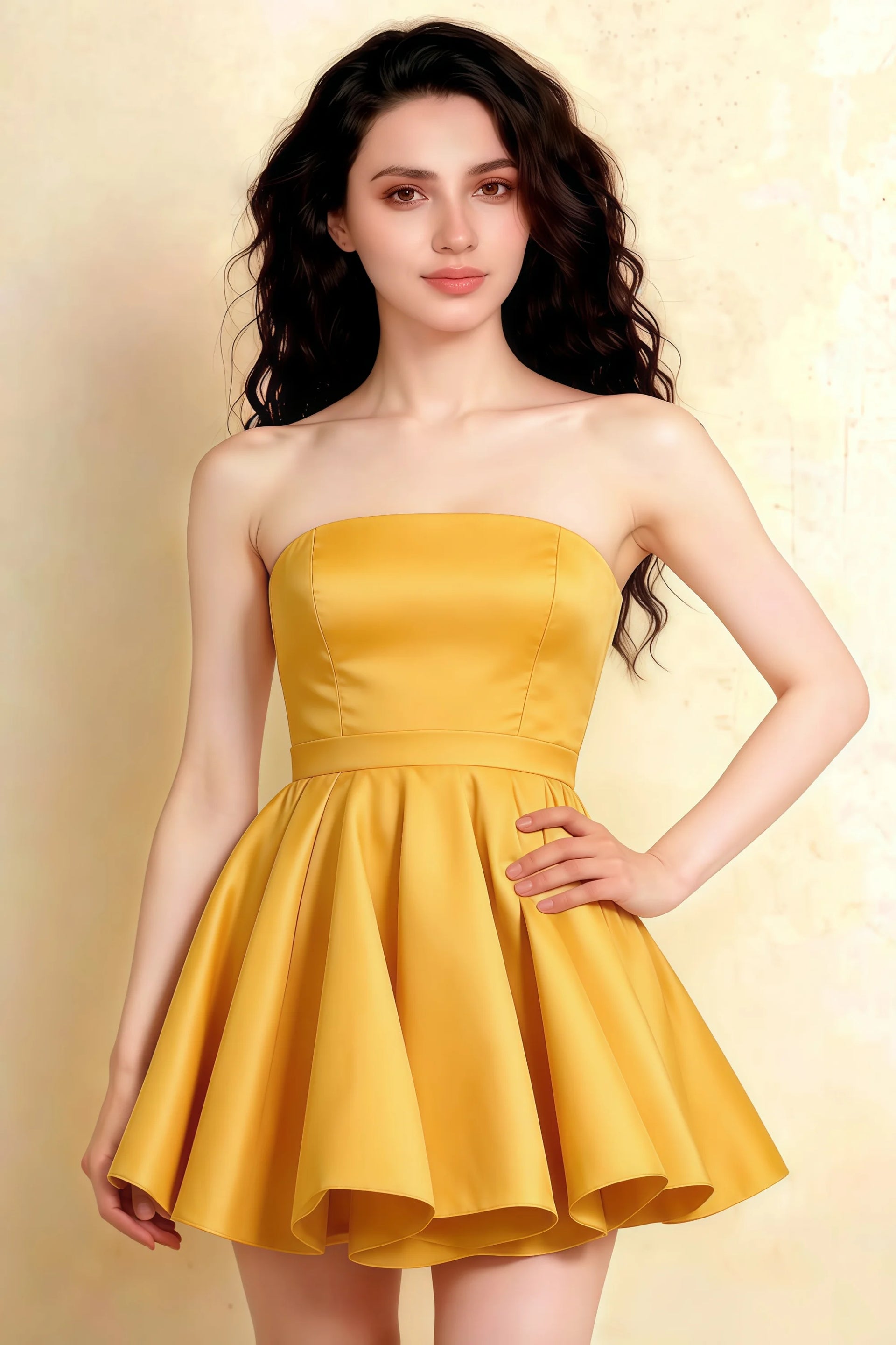 Front view of elegant yellow strapless Catherine dress by LVLVS for party and club wear