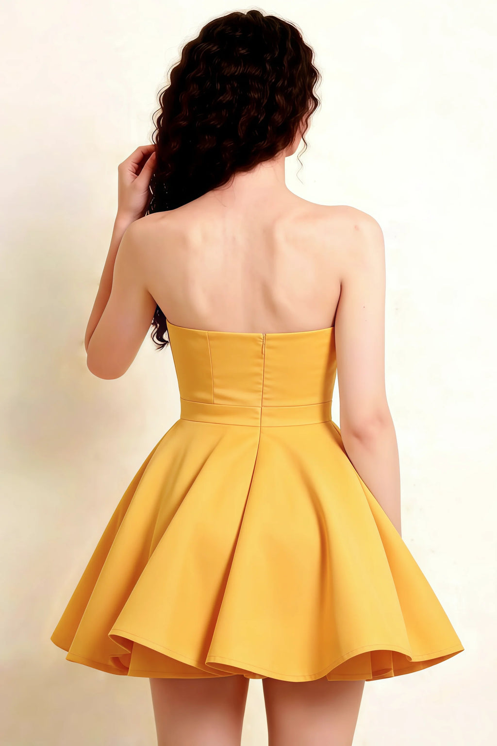 LVLVS yellow bandeau dress back detail showcasing bonded crepe fabric for homecoming and sorority rush