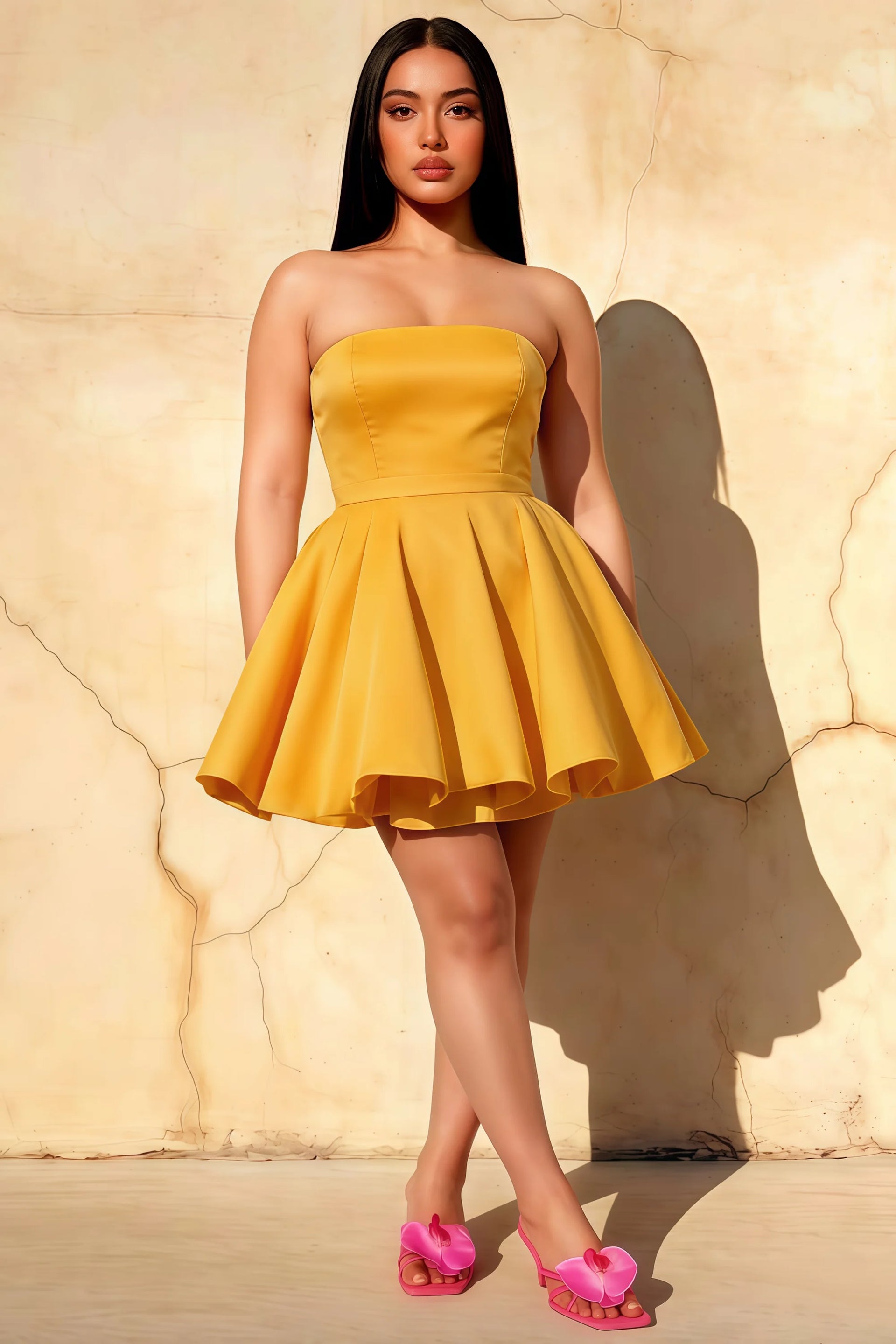 Plus size model in yellow Catherine bandeau ruffle mini dress suitable for going out and dance events