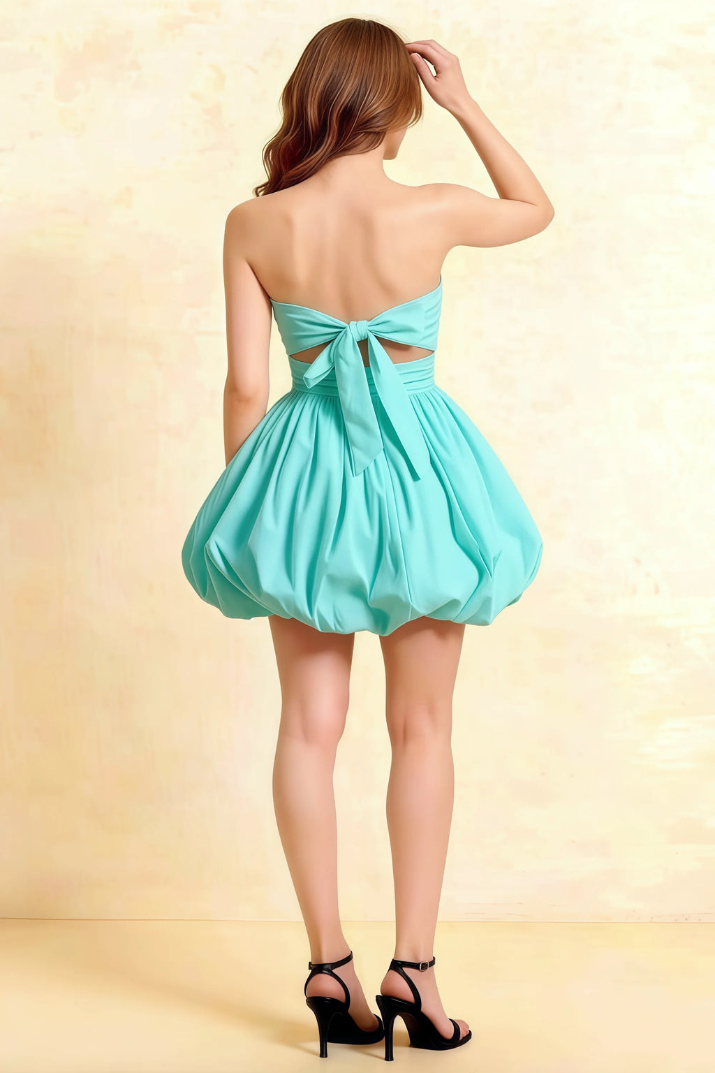 Cathy Aqua Puff Ball Strapless Mini Dress with Ruching Details