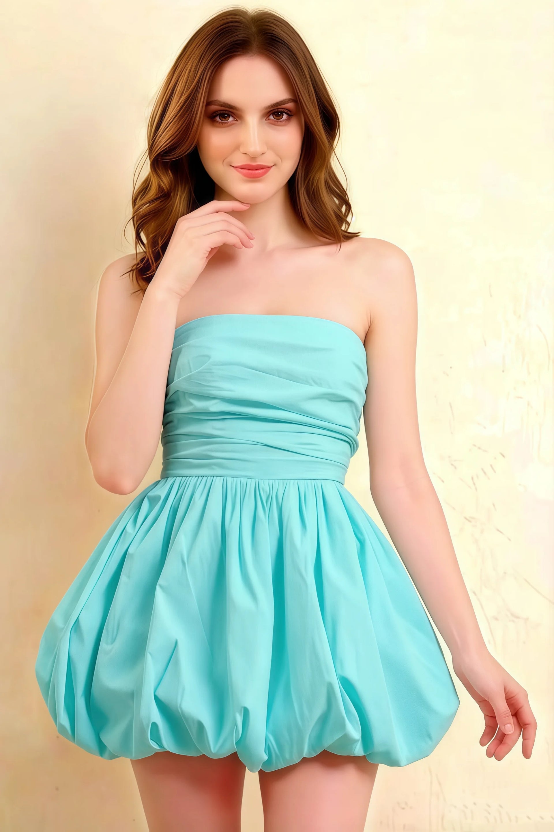 Cathy Aqua Puff Ball Strapless Mini Dress with Ruching Details