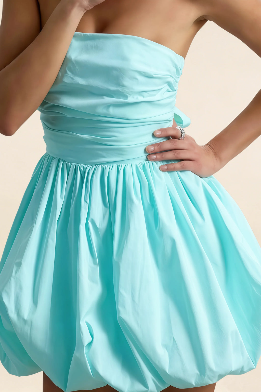 Cathy Aqua Puff Ball Strapless Mini Dress with Ruching Details