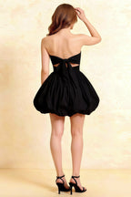 Cathy Black Puff Ball Strapless Mini Dress with Ruching Details